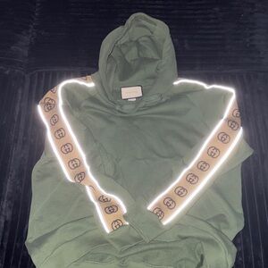 Olive Hoodie with Tan Logo Stripes